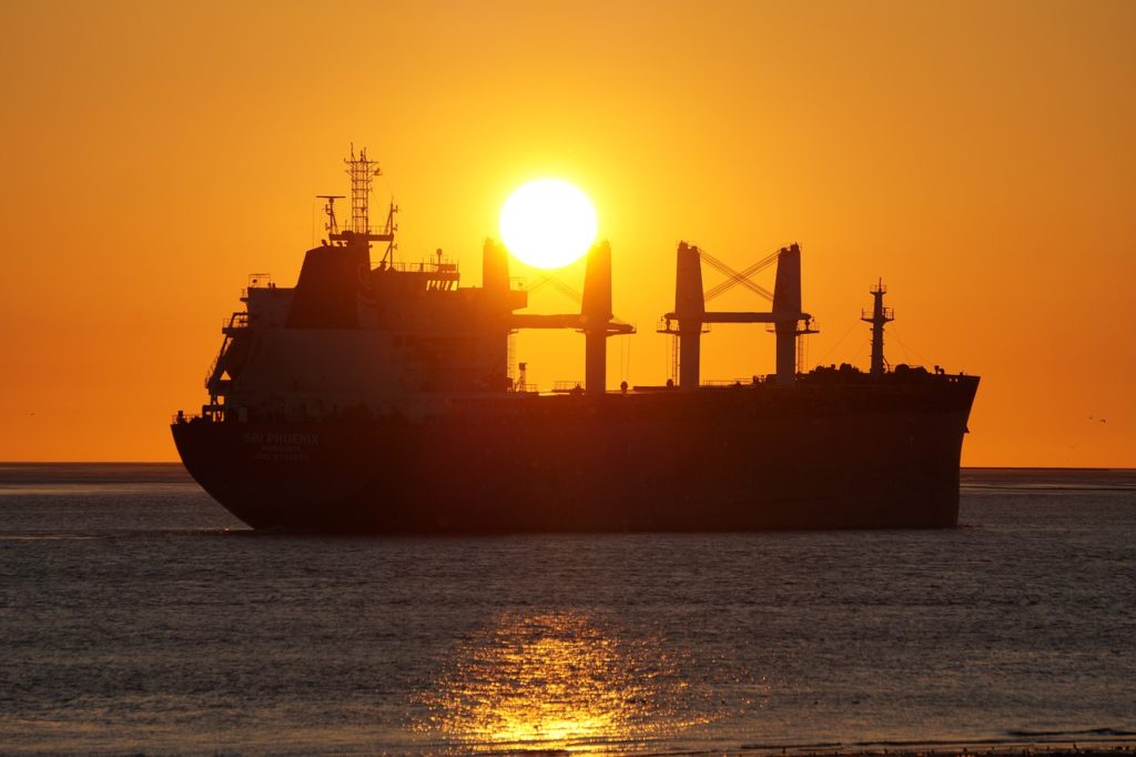 freighter, sunset, water